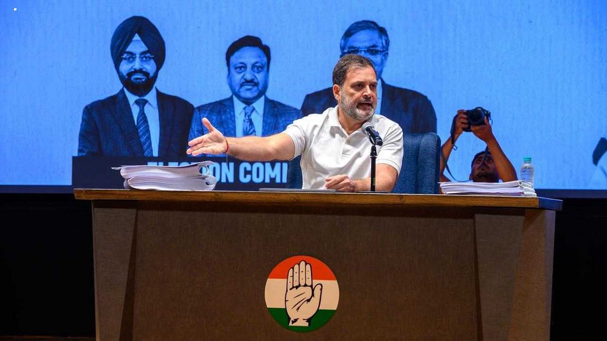 Lok Sabha Leader of the Opposition Rahul Gandhi addressing a press conference at AICC HQ in New Delhi where the Congress MP alleged widespread 'theft of votes' and accused the Election Commission of failing to ensure free and fair elections | Ankit Roy | ThePrint