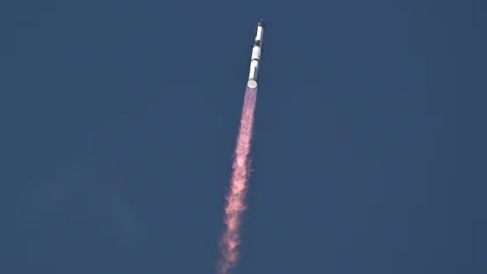 A SpaceX Super Heavy booster carrying the Starship spacecraft lifts off on its 10th test flight at the company's launch pad in Starbase, Texas, U.S., August 26, 2025. | REUTERS