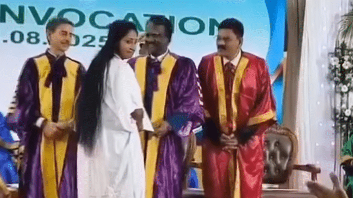 Screengrab in which PhD scholar Jean Joseph is seen avoiding Governor R.N.Ravi and receiving her degree from MSU vice-chancellor N.Chandrasekar | Special Arrangement