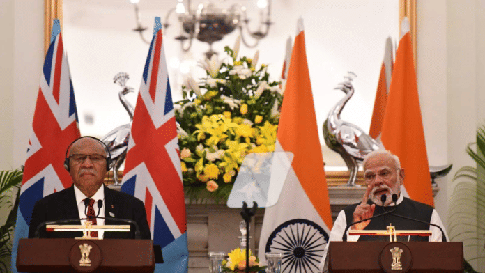 Prime Minister Narendra Modi (right) and Fiji Prime Minister Sitiveni Rabuka at Hyderabad House in New Delhi on Monday | ThePrint