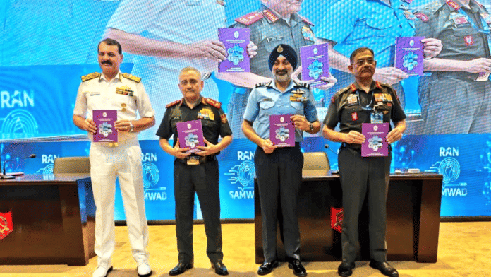 Admiral Dinesh Kumar Tripathi, Chief of Defence Staff (CDS) General Anil Chauhan, Air Chief Marshal AP Singh and Vice Chief of Armed Staff Lt Gen PP Singh released two joint doctrines on 'Special Forces Operations' and 'Airborne & Heliborne Operations' during Ran Samwad at the Army War College | X/@HQ_IDS_India