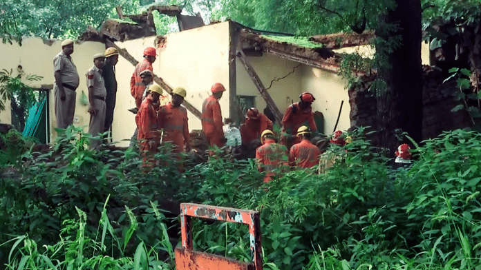 NDRF personnel conduct a search operation following the collapse of the roof of a room in the Dargah Sharif Patte Shah premises located near Humayun's Tomb, in the Nizamuddin area, in New Delhi on Friday | ANI