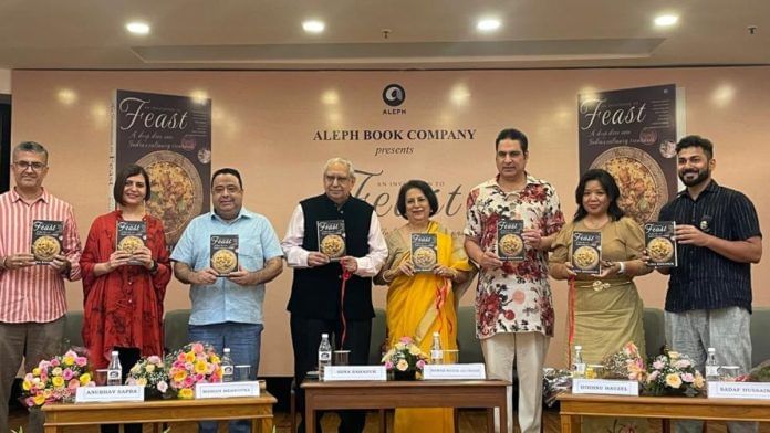 From left to right: Anubhav Sapra, founder of Delhi Food Walks, author Sona Bahadur, chef Manish Mehrotra, Sona Bahadur's parents, Nawab Kazim Ali Khan of Rampur, entrepreneur Hoihnu Hauzel, and chef-author Sadaf Hussain at the book launch event | Triya Gulati, ThePrint