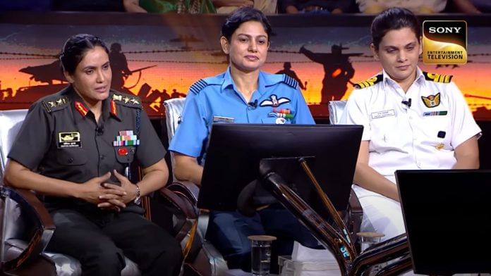 (L-R) Col Sofiya Qureshi, Wing Commander Vyomika Singh, and Naval Officer Prerna Deostalee on Kaun Banega Crorepati | YouTube screengrab