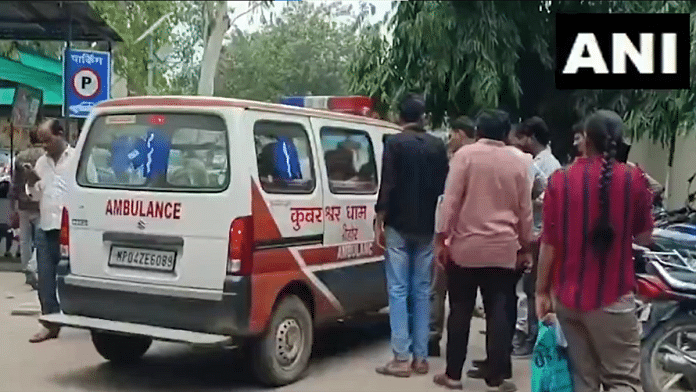 Screengrab of ambulance outside Sehore district hospital after stampede in Kubereshwar Dham | X/@ANI