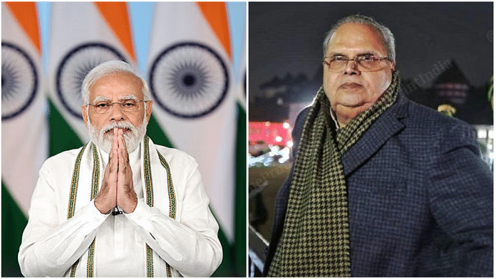 File photos of PM Narendra Modi (left) and former J&K governor Late Satyapal Malik (right) | ANI/ThePrint