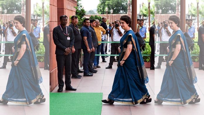 Congress MP Priyanka Gandhi arrives to attend the monsoon Session of the parliament, in New Delhi on Thursday | ANI/Jitender Singh