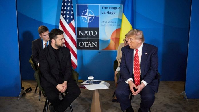 U.S. President Donald Trump and Ukraine's President Volodymyr Zelenskiy attend a meeting on the sidelines of NATO summit in The Hague, Netherlands June 25, 2025. Ukrainian Presidential Press Service | REUTERS