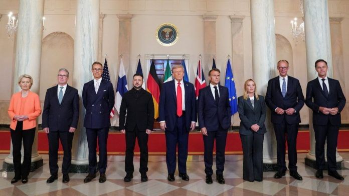 US President Donald Trump, Ukrainian President Volodymyr Zelenskyy, German Chancellor Friedrich Merz, French President Emmanuel Macron, British Prime Minister Keir Starmer, Italian Prime Minister Giorgia Meloni, Finnish President Alexander Stubb, NATO Secretary General Mark Rutte, and European Commission President Ursula von der Leyen pose for a photo amid negotiations to end the Russian war in Ukraine at the White House in Washington, DC, US on 18 August, 2025 | Reuters/Alexander Drago