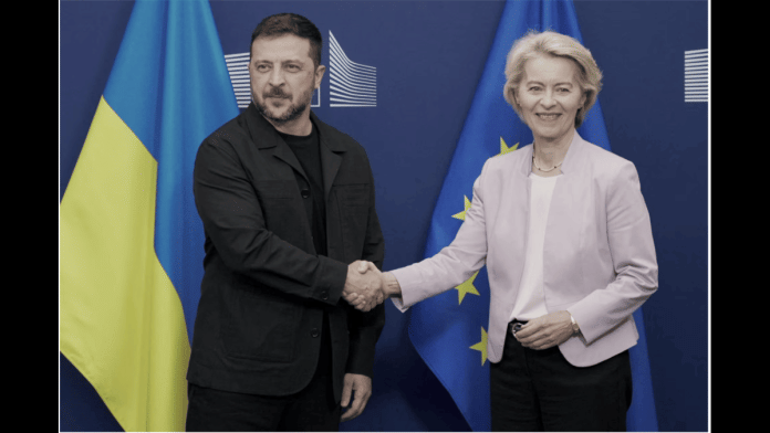 European Commission President Ursula von der Leyen shakes hands with Ukrainian President Volodymyr Zelensky | Reuters