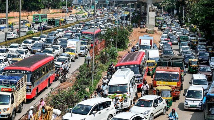 File photo of a traffic snarl on Bellary Road due to waterlogging following heavy rainfall in Bengaluru | ANI