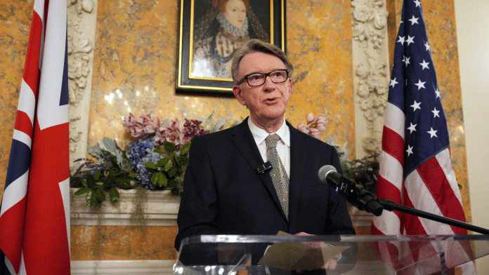 Britain's ambassador to the United States, Peter Mandelson, speaks during a welcome reception for British Prime Minister, Keir Starmer, at the ambassador's residence on February 26, 2025, in Washington, D.C., U.S. | Reuters