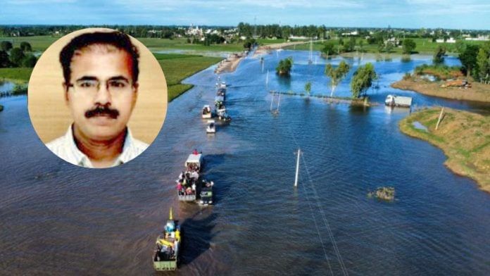 Krishan Kumar, Punjab’s principal secretary of water resources; file photo of volunteers on tractors going to flood-hit villages of Punjab to distribute daily essentials | X/Suraj Singh Bisht | ThePrint