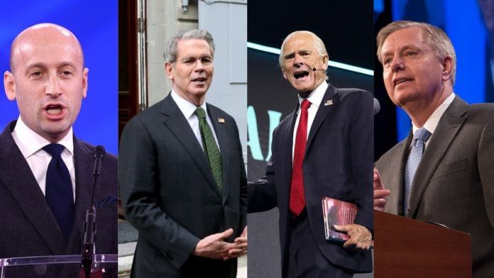 (L-R) Stephen Miller, Scott Bessent, Peter Nevarro and Lindsey Graham | Commons & X