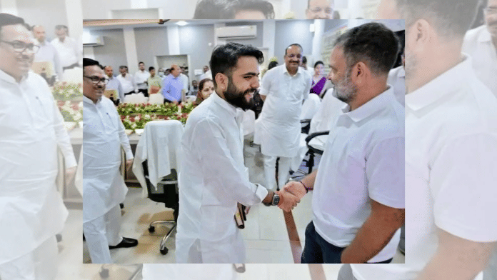 A photo viral on X shows UP minister Dinesh Pratap Singh’s son Piyush shaking Rahul Gandhi’s hand