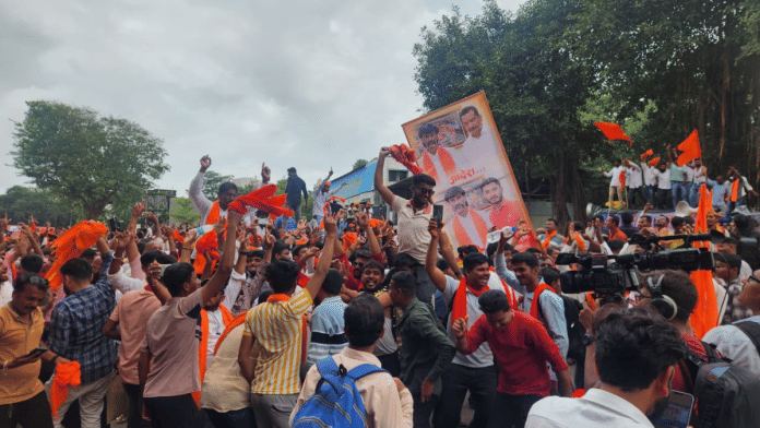 Maratha quota supporters celebrate after government agreed to their most demands and Manoj Jarange-Patil broke his hunger strike. | Purva Chitnis/ThePrint