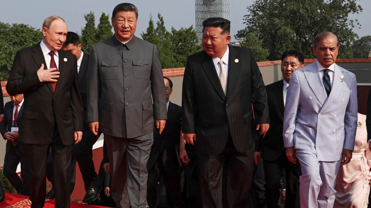 (From left) Russian President Vladimir Putin, Chinese President Xi Jinping, North Korean leader Kim Jong Un & Pakistani PM Shehbaz Sharif arrive at China's Victory Day parade | AP/PTI 