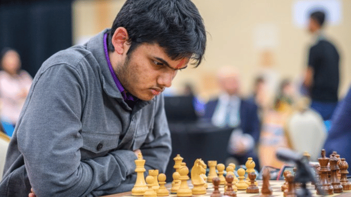 GM Abhimanyu Mishra (above) beat World Champion Gukesh Dommaraju in round five of the 2025 FIDE Grand Swiss | X/@USChess/FIDE/Michal Walusza