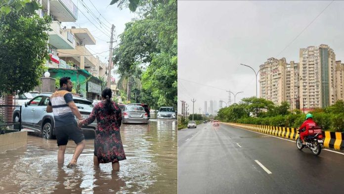 People on social media are poking fun at Gurugram for drowning in the rains, posting photos of Noida’s wide roads
