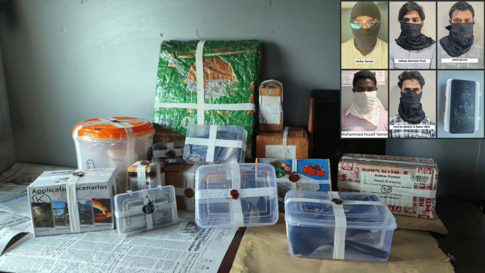 Delhi Police arrested 5 members (inset) of module & recovered phones as well as items such as sulphur powder, sulphuric acid, ball bearings, circuits & motherboards used in making explosives. | By special arrangement