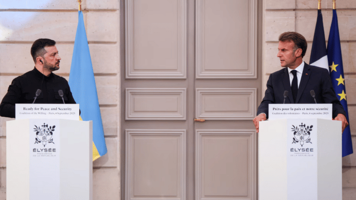Ukraine's President Volodymyr Zelenskyy (L) & France's President Emmanuel Macron (R) speak during a press conference following the Coalition of the Willing Summit, at the Elysee presidential Palace on 4 September 2025. | Ludovic Marin | Pool via Reuters