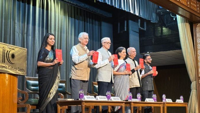 (L-R) Iqra Hasan, Salman Khurshid, Omar Abdullah, Sagarika Ghose, Rasheed Kidwai, and Amber Kumar Ghosh at India Islamic Cultural Centre, New Delhi | Samridhi Tewari, ThePrint