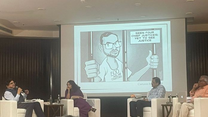 The legacy of the Supreme Court at 75 years was dissected at the India International Centre. A cartoon by artist Manjul showcases Umar Khalid's wait for justice. | Udit Hinduja | ThePrint