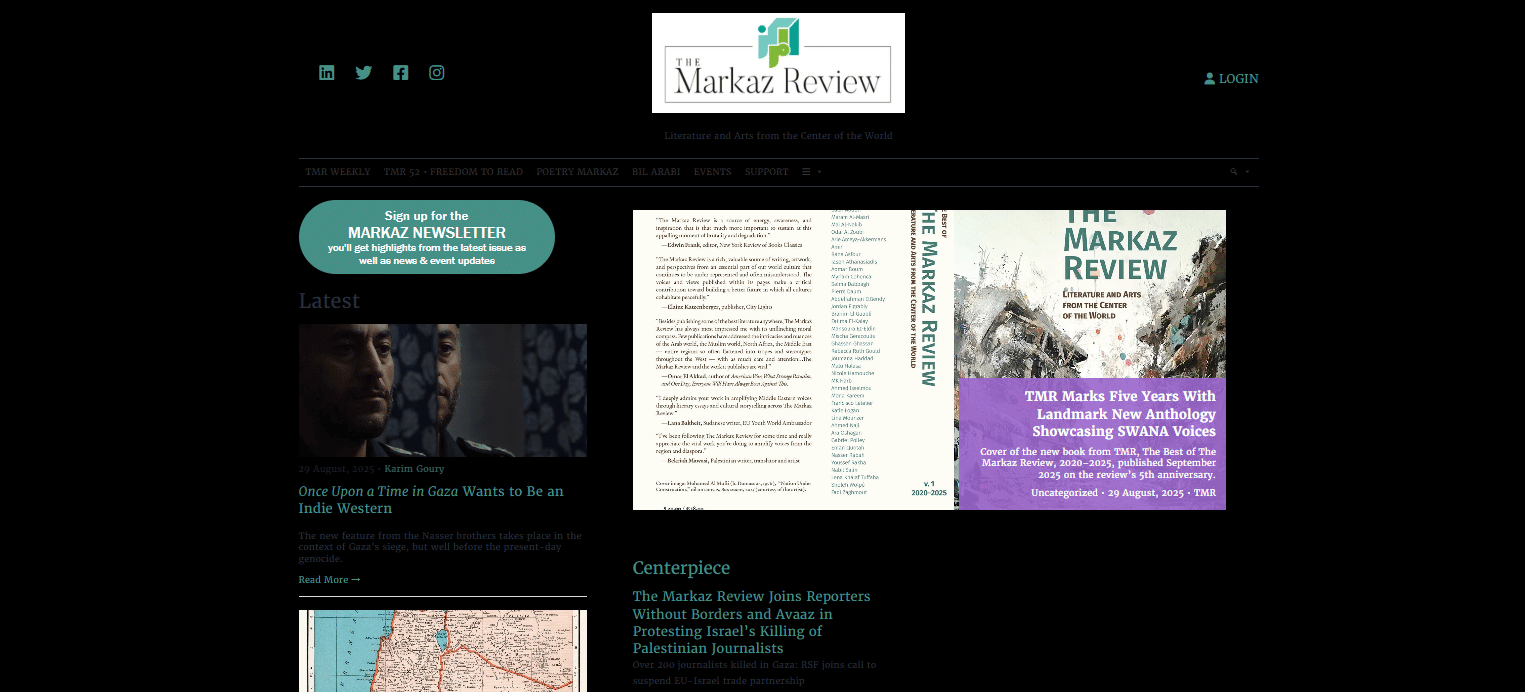 A screen grab of the homepage of The Markaz Review from Monday