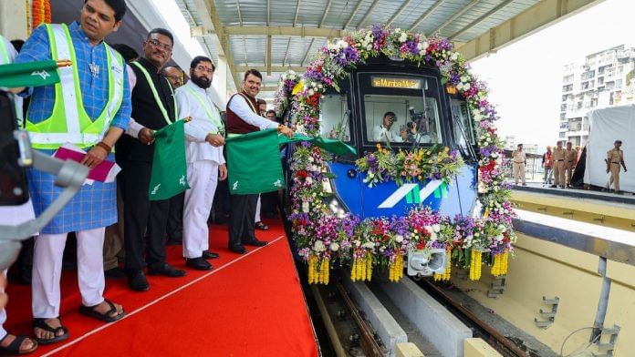 Maharashtra CM Devendra Fadnavis and Deputy CM Eknath Shinde at the technical inspection and trial run of Phase-1 of MMRDA's Metro Line 4 & 4-A, from Gaimukh to Vijay Garden Station | X/@CMOMaharashtra