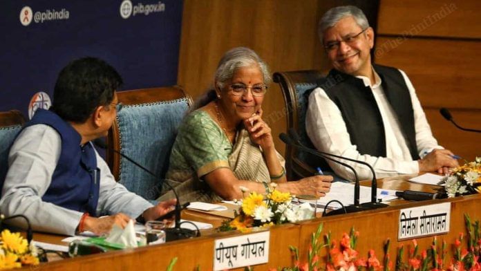 Union ministers Nirmala Sitharaman, Piyush Goyal and Ashwini Vaishnaw addressing a press conference at National Media Center in New Delhi on Dhanteras to talk about ‘GST Bachat Utsav’