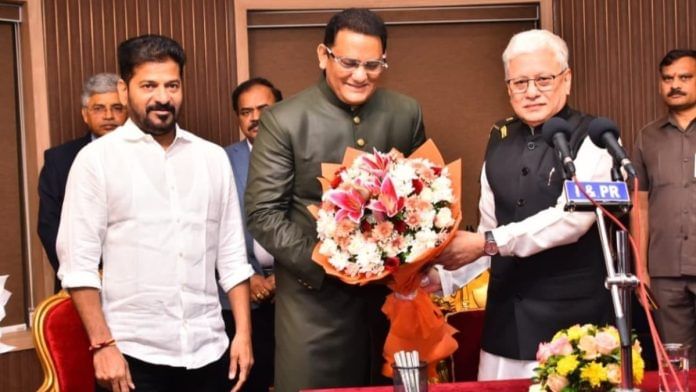 (L-R) Telangana CM Revanth Reddy with Azharuddin and Governor Jishnu Dev Varma during induction ceremony at Raj Bhavan on 31 October, 2025 | X @azharflicks