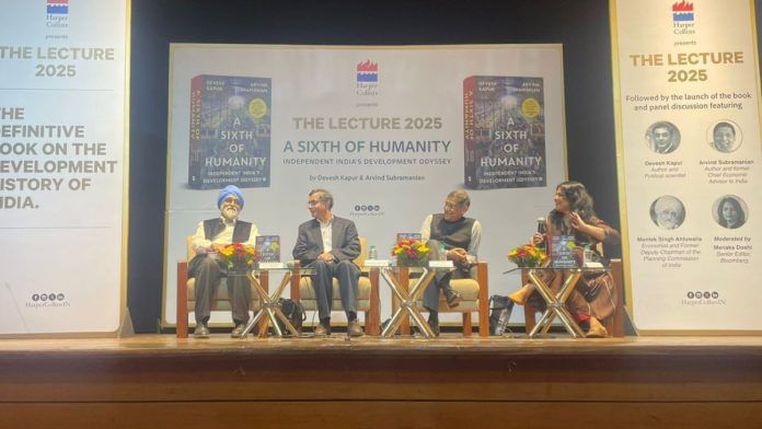 Devesh Kapur (center left) and Arvind Subramanian (center right) with Montek Singh Ahluwalia, economist and former Deputy Chairman of the Planning Commission of India and Menaka Doshi, Senior Editor at Bloomberg during the panel discussion. | Udit Hinduja | ThePrint Devesh Kapur (center left) and Arvind Subramanian (center right) with Montek Singh Ahluwalia, economist and former Deputy Chairman of the Planning Commission of India and Menaka Doshi, Senior Editor at Bloomberg during the panel discussion. | Udit Hinduja | ThePrint