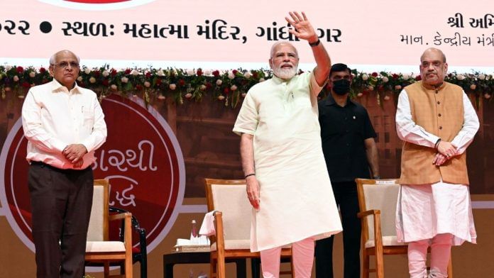 File photo of Prime Minister Narendra Modi with Union Home Minister Amit Shah and Gujarat Chief Minister Bhupendra Patel in Gandhinagar | ANI