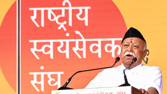 RSS Chief Mohan Bhagwat speaks during 'Rashtriya Swayamsevak Sangh Vijayadashami Utsav 2025', in Nagpur on 2 October 2025. | PTI