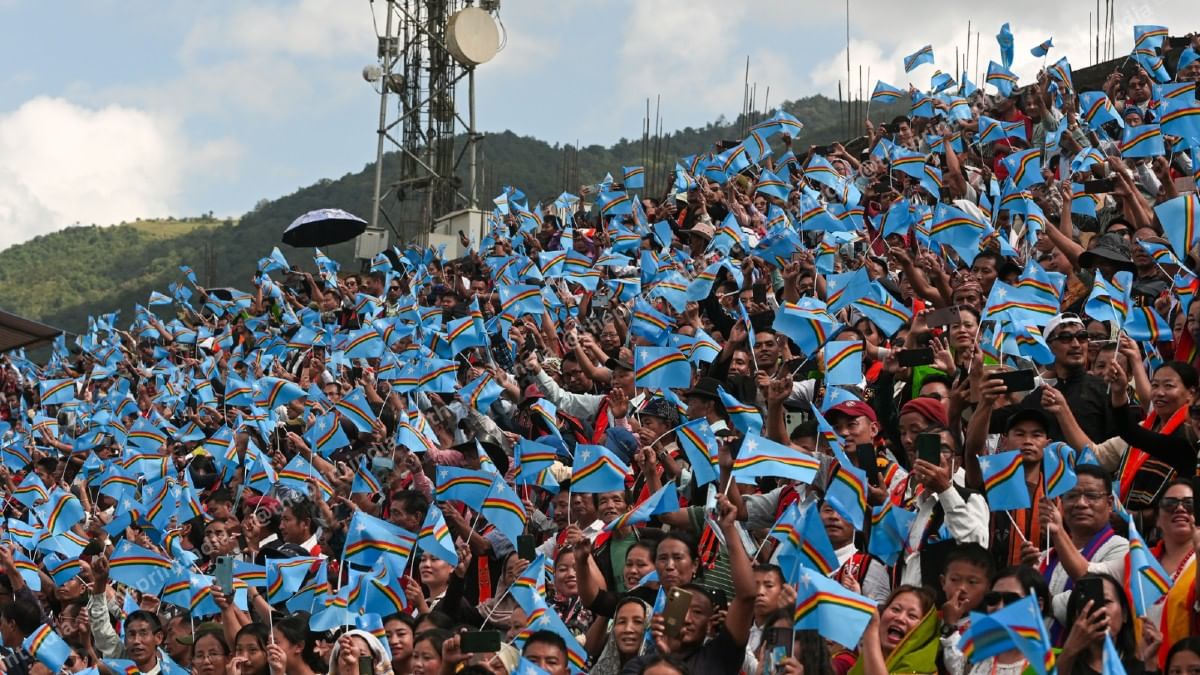 Nagas holding NSCN (IM) flags at reception organized by UNC in Senapati on 29 October, 2025 | ThePrint/Suraj Singh Bisht
