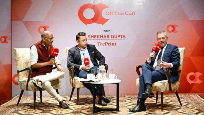 OTC Russian Ambassador to India Denis Alipov at ThePrint's Off The Cuff with Editor-in-Chief Shekhar Gupta and Defence and Diplomacy Editor Snehesh Alex Philip | Ankit Roy