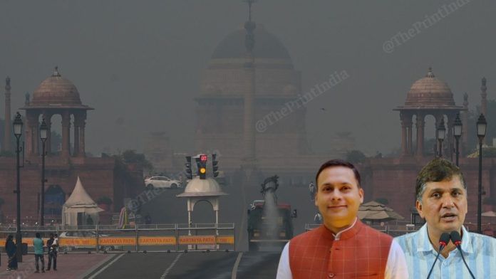 The air pollution in Delhi, following Delhi celebrations. (Inset) Amit Malviya and Saurabh Bhardwaj | Suraj Singh Bisht | ThePrint, ANI