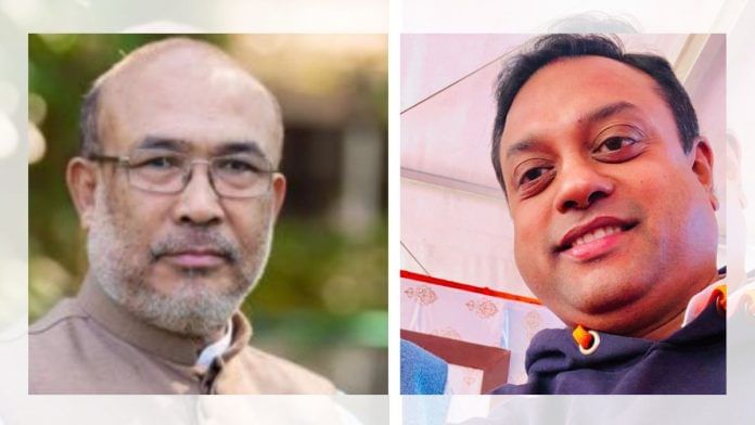 The Manipur BJP MLAs, including ex-CM Biren Singh, could meet only the party's Northeast in-charge, Sambit Patra (right) | X The Manipur BJP MLAs, including ex-CM Biren Singh, could meet only the party's Northeast in-charge, Sambit Patra (right) | X