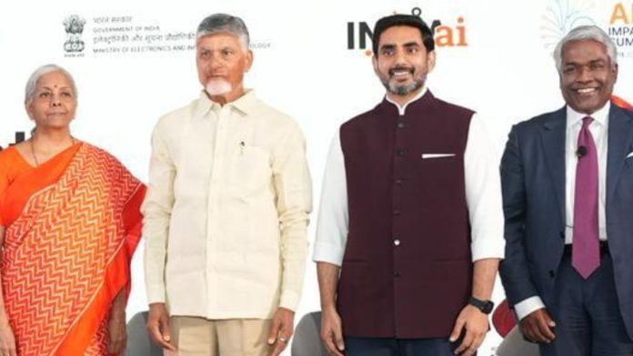 Nirmala Sitharaman, Chandrababu Naidu, Nara Lokesh and Thomas Kurian at the Delhi event where the CM announced the Google AI hub in Vishakhapatnam | By Special Arrangement | ThePrint
