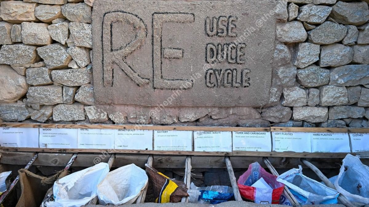 ‘Reuse, Reduce, and Recycle’ bags are a fixture at each corner on the SECMOL campus | ThePrint/Suraj Singh Bisht