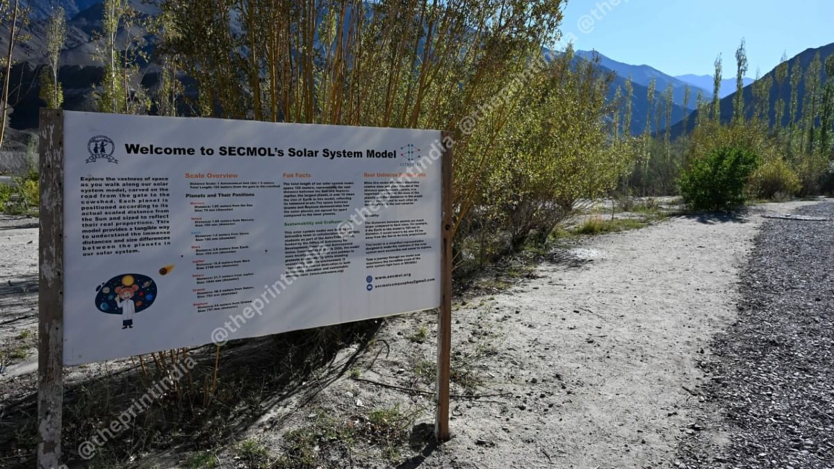 Board on SECMOL campus introducing its Solar System Model | ThePrint/Suraj Singh Bisht
