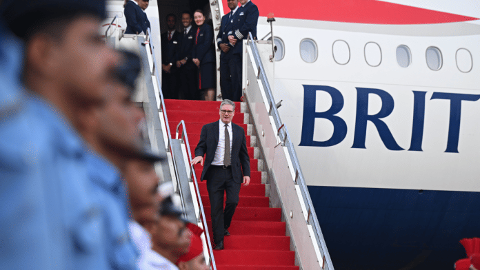 Britain's Prime Minister Keir Starmer arrives at Chhatrapati Shivaji Maharaj International Airport in Mumbai, on 8 October 2025. | PTI