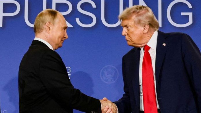 U.S. President Donald Trump and Russian President Vladimir Putin shake hands during a press conference following their meeting to negotiate an end to the war in Ukraine, at Joint Base Elmendorf-Richardson, in Anchorage, on 15 August 2025. | File Photo | Kevin Lamarque | Reuters