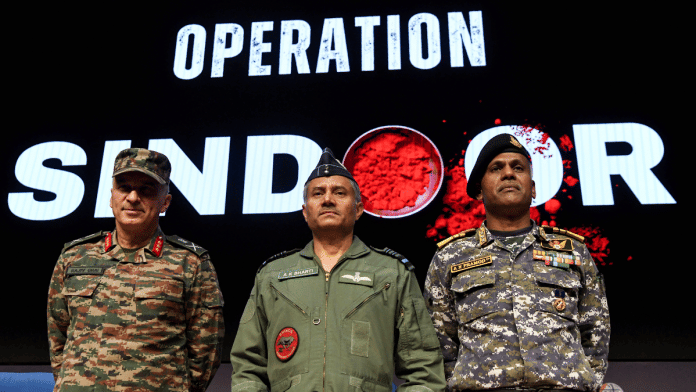 File photo of DGMO Lieutenant General Rajiv Ghai, Air Marshal AK Bharti and Vice Admiral AN Pramod during the press conference on 'Operation Sindoor' in New Delhi | ANI