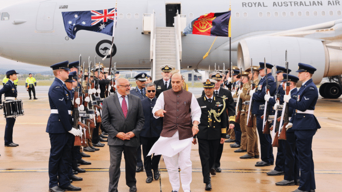 Defence Minister Rajnath Singh with Peter Khalil, Assistant Minister for Defence of Australia, after he landed at Canberra’s Royal Australian Air Force Base | X/@rajnathsingh