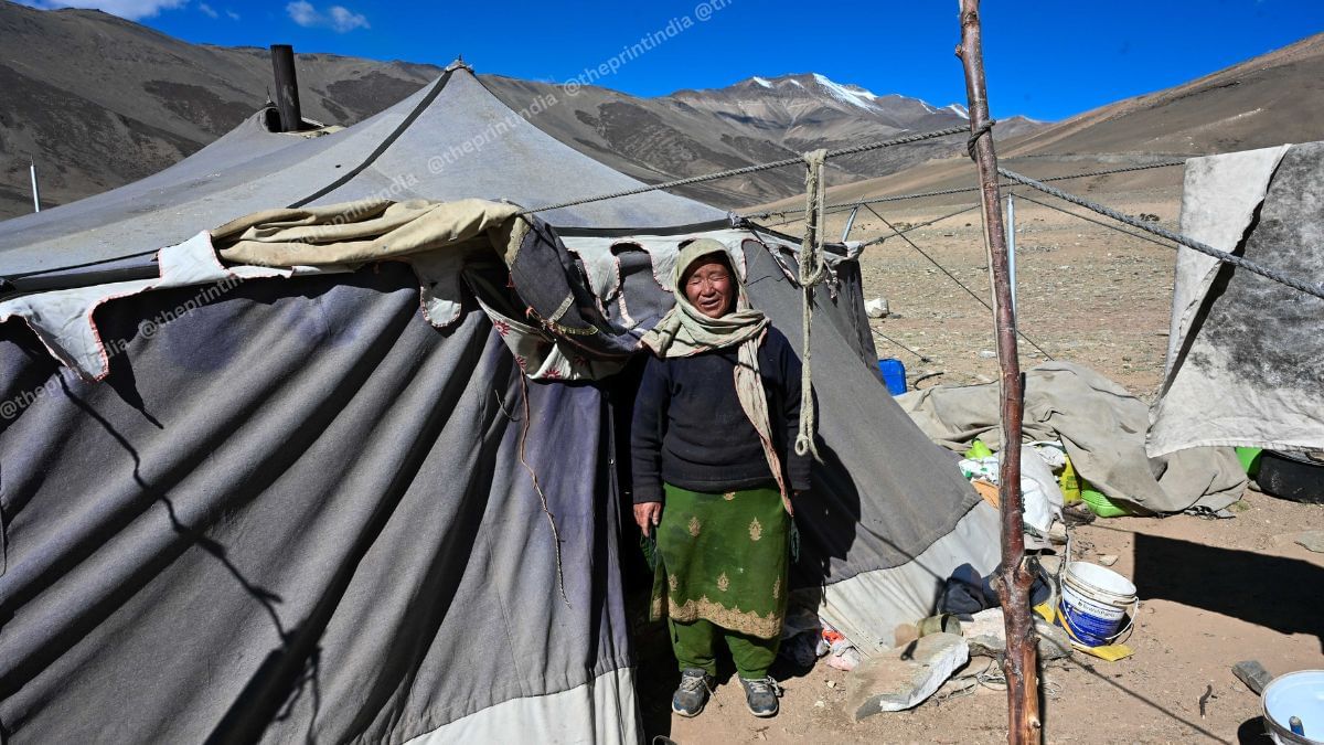 Herder Wangyal's wife outside their tent | Suraj Singh Bisht | ThePrint