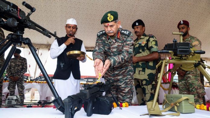 Chief of Army Staff (COAS) General Upendra Dwivedi performs 'Shastra Puja' on the occasion of Vijaya Dashami, in Bhuj on Thursday | Source: @SpokespersonMoDX/ANI
