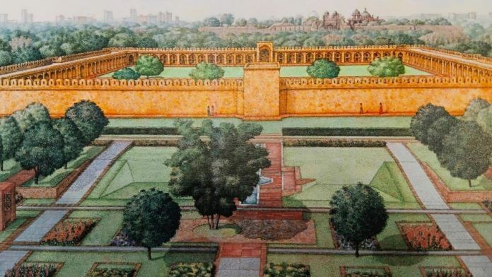 An artist’s depiction of Azimganj Serai, continuous with the Sunder Nursery in the foreground and Purana Qila in the backdrop | Photo courtesy: Aga Khan Trust for Culture