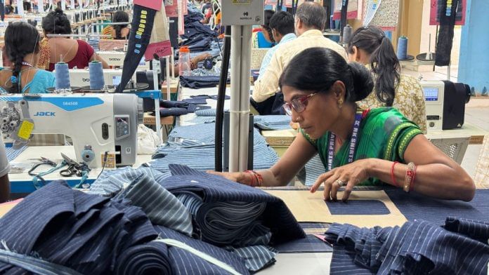 Seema Devi, 42, a member of Jeevika, travels daily for her day shift at RK Industries, which manufactures luxury garments for export to the US | Photo: Jyoti Yadav, ThePrint