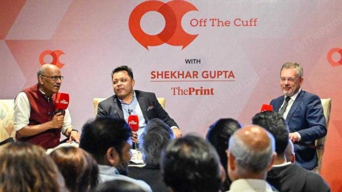 Russian Ambassador to India, Denis Alipov at ThePrint's Off The Cuff with Editor-in-Chief Shekhar Gupta, and Defence and Diplomacy Editor Snehesh Alex Philip, Tuesday | Ankit Roy | ThePrint